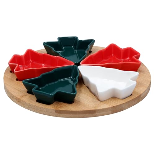 sarcia.eu Servierset für Hors d'oeuvres - 5 Keramikschalen in Weihnachtsbaumform mit Bambusbrett von sarcia.eu