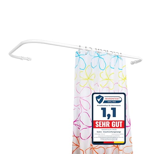 Sasko Duschvorhangstange Duschstange Duschvorhang L-Form Asymmetrisch Aluminium Stabile Belastbarkeit 25 kg Gardinenstange für Vorhang für Badewanne & Dusche Wandmontage - Weiß - 60x140 cm von sasko