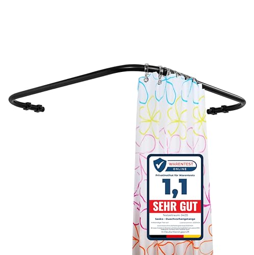 Sasko Duschvorhangstange Duschstange Duschvorhang L-Form Symmetrisch Aluminium Stabile Belastbarkeit 25 kg Gardinenstange für Vorhang für Badewanne & Dusche Wandmontage - Schwarz - 80x80 cm von sasko