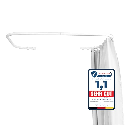 Sasko Duschvorhangstange Duschstange Duschvorhang U-Form Asymmetrisch Aluminium Stabile Belastbarkeit 25 kg Gardinenstange für Vorhang für Badewanne & Dusche Wandmontage - Weiß - 70x90x70 cm von sasko