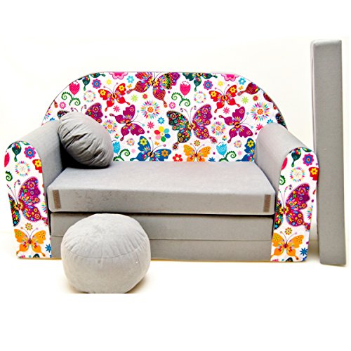 Couch Kindercouch Kindersofa Kinder Sofa Schlafsofa Kinderzimmer Bett gemütlich grau (A33 Schmetterlinge) von scalesport