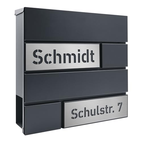 AlbersDesign - Personalisierter Design Briefkasten individuell mit Name/Anthrazit (RAL7016) - mit individuellen Edelstahl-Schildern von AlbersDesign