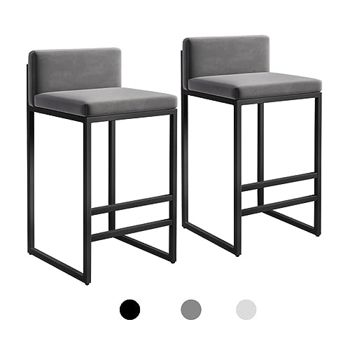 schenke 75cm Barhocker, 2er-Set,rechteckige Barhocker in Thekenhöhe mit Fußstütze,Küchen-Esszimmerstuhl mit Dicker gepolsterter Rückenlehne,Barhocker mit Metallstahlrahmen(Black Frame, Gray) von schenke