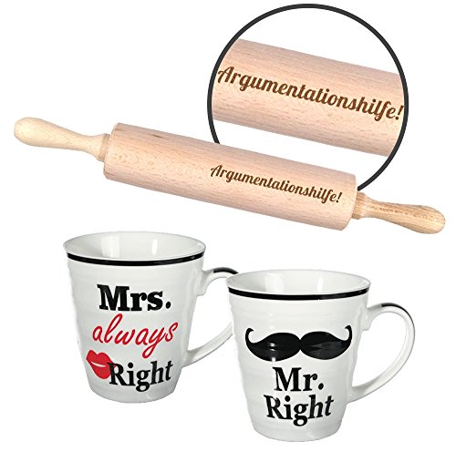 3-teiliges Geschenk zur Hochzeit 'Mr & Mrs' Tassen und Teigroller mit Spruch zum auswählen/Präsent/Hochzeitsgeschenk/Tassen (Argumentationshilfe) von schenken-24