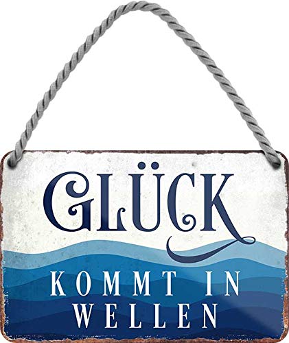 Blechschild Schöner Spruch “Glück kommt in Wellen“ Deko Hängeschild Tür Ostsee Nordsee Metallschild Dünen Meer Strand Witziges Geschenk zum Geburtstag oder Weihnachten 18x12 cm von schilderkreis24