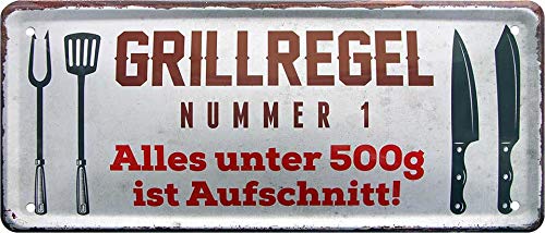 Blechschilder Lustiger Grill Spruch “GRILLREGEL 500G IST AUFSCHNITT!” Deko Metallschild Schild für Garten oder Terasse Geschenkidee für Köche 28x12 cm von schilderkreis24