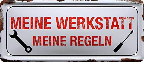 Blechschilder Lustiger Handwerker Spruch “Meine Werkstatt Meine Regeln” Deko Metallschild Schild für Hobbyraum Werkstatt Geschenk zum Geburtstag oder Weihnachten für alle Mechaniker 28x12 cm von schilderkreis24