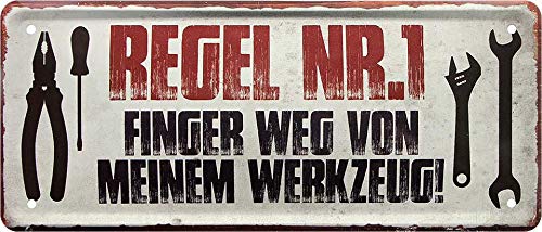 Blechschilder Lustiger Handwerker Spruch “Regel Nr.1 Finger Weg Werkzeug.” Deko Metallschild Schild für Hobbyraum Werkstatt Geschenk zum Geburtstag oder Weihnachten für alle Mechaniker 28x12 cm von schilderkreis24