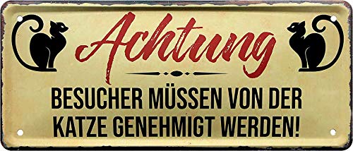 Blechschilder Lustiger Spruch “Achtung BESUCHER .“ Deko Katze Katzenschild Türschild Tor Metallschild Eingang Hauseingang Schild Geschenkidee für alle Katzenbesitzer oder Katzen Fans 28x12 cm von schilderkreis24