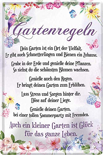 Blechschilder Schöner Spruch “Gartenregeln” Deko Pflanzen Blumen Schmetterlinge Glück Gartenschild Garten Eingang Tor Terrasse Geschenkidee Geschenk zum Geburtstag oder Weihnachten 20x30 cm von schilderkreis24
