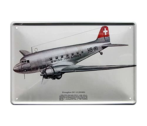 schilderkreis24 Blechschild Flugzeug “Swiss Air Lines HB-IRI Douglas DC-3 1936“ Plane Technik Deko Dekoration Historisch Retro Metallschild Vintage Geschenk zum Geburtstag oder Weihnachten 20x30 cm von schilderkreis24