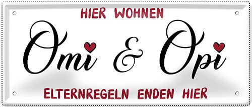 schilderkreis24 – Blechschild Lustiger Spruch “Hier wohnen Omi & Opi Elternregeln.“ Pension Geschenkidee Geschenk Geburtstag Weihnachten für Großeltern Rentner Senioren Oma Opa Enkelkinder 28x12 cm von schilderkreis24
