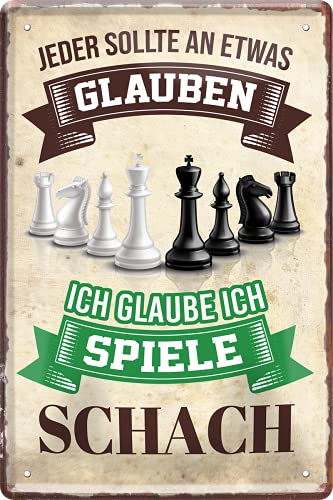 schilderkreis24 – Blechschild Lustiger Spruch “Jeder glauben Schach.“ Deko Hobbykeller Garage Metallschild Zubehör Artikel Schachbrett Retro Vintage Geschenkidee Schachspieler 20x30 cm von schilderkreis24