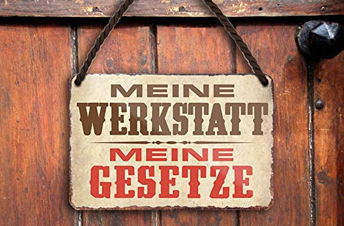 schilderkreis24 – Blechschild Lustiger Spruch “Meine Werkstatt Meine Gesetze“ Deko Garage Metallschild Werkstatt Vintage Retro Geschenkidee Geburtstag Weihnachten Mechaniker Schrauber 18x12 cm von schilderkreis24