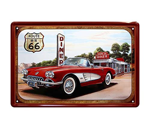 Blechschild “Route US 66 Diner“ Rote Auto Car Deko Retro Metallschild Vintage Garage Werkstatt Hobbyraum Geschenk zum Geburtstag oder Weihnachten 20x30 cm von schilderkreis24