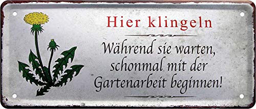 schilderkreis24 - Blechschilder Lustiger Garten Spruch “Hier klingeln Während sie warten.“ Deko Schild Metallschild Geschenkidee Hauseingang Humor Witziges Geschenkidee 28x12 cm von schilderkreis24