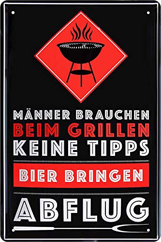 schilderkreis24 - Blechschilder Lustiger Grill Spruch “MÄNNER BRAUCHEN BEIM Grillen Keine Tipps Bier BRINGEN ABFLUG” Deko Garten Geschenkidee 20x30 cm von schilderkreis24