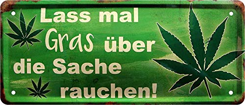schilderkreis24 - Blechschilder Lustiger Spruch “Lass mal Gras über die Sache Rauchen!“ Cannabis Weed Joint Rauchen Deko Schild Metallschild Humor Witzige Geschenkidee 28x12 cm von schilderkreis24