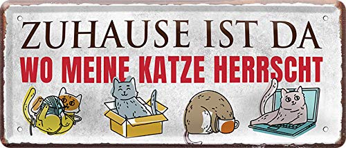 schilderkreis24 - Blechschilder Lustiger Spruch “Zuhause ist da. Katze herrscht“ Deko Schild Vintage Retor Geschenkidee Katzen Fans 28x12 cm von schilderkreis24