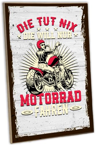 schilderkreis24 - Holzschild "Die tut nix Motorrad fahren" - Wanddeko für Motorradfans, 28x19 cm - Geschenk für Motorradfahrerinnen von schilderkreis24