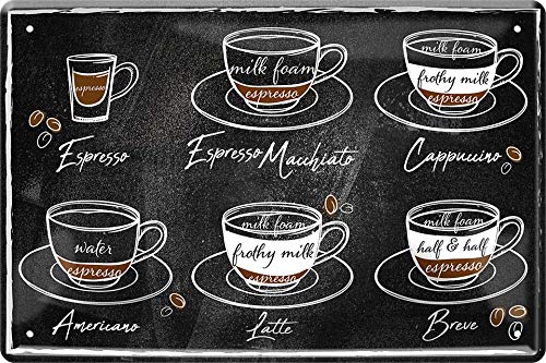 schilderkreis24 Lustiger Küchen Spruch: “Espresso, Espresso Macchiato, Cappuccino, Americano, Latte” – Deko Schild für Küche oder Kaffee Fans Geschenkidee 20x30 cm von schilderkreis24