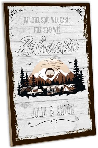 schilderkreis24: Personalisiertes Camping Holzschild - 'Hier sind wir zuhause' - Individuelle Dekoration für Camping-Abenteurer - Geschenkidee von schilderkreis24
