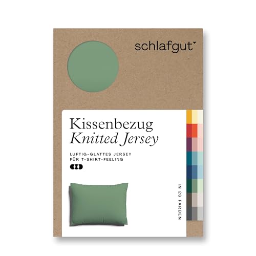 schlafgut Knitted Jersey Kissenbezug 60x80 cm Green Mid Uni weicher Premium Kopfkissenbezug einzeln, faltenfrei mit Elasthan von schlafgut