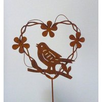 Gartenstecker Beetstecker Vogel Auf Zweig Blüten Herz Zum Stecken 28 cm Rostoptik Geschenk Geschenkidee Deko Für Garten Gartendeko Metall von schongesehen
