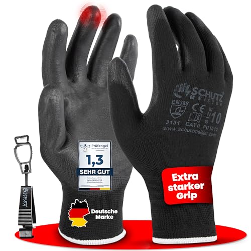 schutzmeister® 12 Paar Premium PU Arbeitshandschuhe, Größe 7/S - 11/XXL - atmungsaktiv, starker Grip, feines Tastgefühl, Montage, Garten-Handschuhe, Sicherheitshandschuhe - Herren, Damen, Mechaniker von schutzmeister