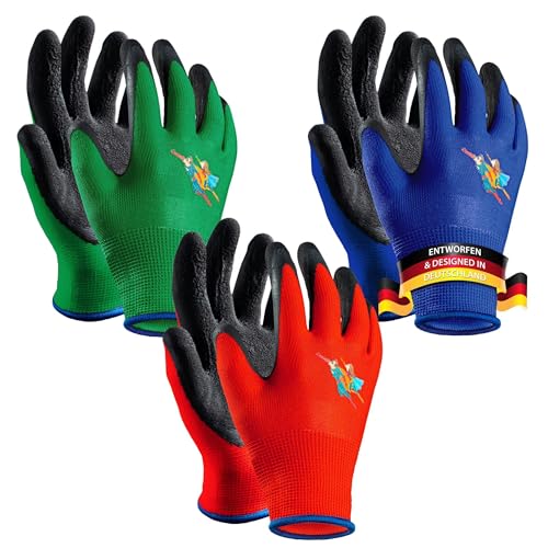 schutzmeister® Kinder-arbeitshandschuhe – hochwertige Kinder–Gartenhandschuhe – Superheldenmotiv – 3 Größen S/M/L – von 2 bis 12 Jahren – 3er-Set in 3 Farben – für Junden und Mädchen (M (5-7 JAHRE)) von schutzmeister
