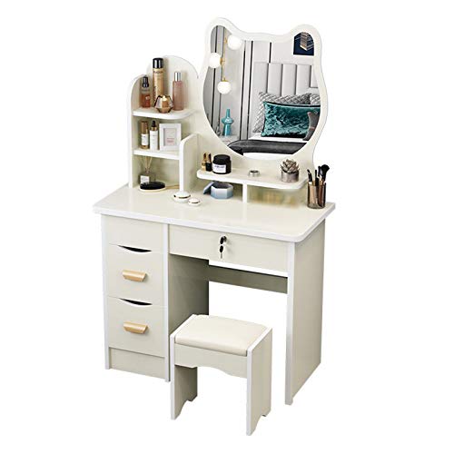 Moderner Schminktisch mit Hocker, Schminkspiegel, 4 Schubladen, nordisches Schlafzimmer-Schminkset mit mehrlagiger Trennwand, großes Fassungsvermögen, Kosmetik-Aufbewahrungsschrank, elfenbeinfarben von sdhgsdgdhsavbxc