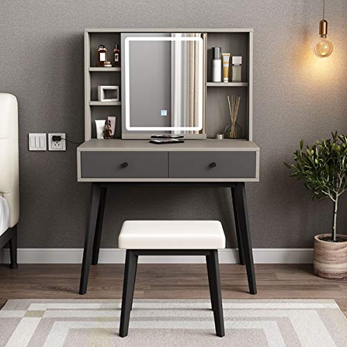 Nordic Schminktisch-Set mit abnehmbarem LED-Lichtspiegel, Schminktisch-Set mit verstellbarem Helligkeitsspiegel, 2 Schubladen, Hocker, Aufbewahrung, Kosmetikregal, Schlafzimmer, Wohnzimmer von sdhgsdgdhsavbxc