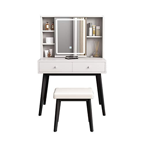 Nordic Schminktisch-Set mit abnehmbarem LED-Lichtspiegel, Schminktisch-Set mit verstellbarem Helligkeitsspiegel, 2 Schubladen, Hocker, Aufbewahrung, Kosmetikregal, Schlafzimmer, Wohnzimmer von sdhgsdgdhsavbxc
