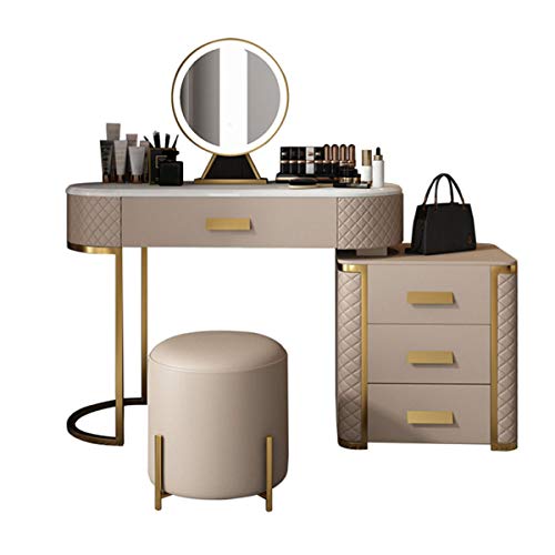 Premium Schminktisch Set mit LED-Lichtspiegel - Schminktisch Set mit einstellbarer Helligkeit Spiegel 4 Schubladen Gepolsterter Hocker Schlafzimmer Wohnzimmer Ankleidezimmer Braun von sdhgsdgdhsavbxc