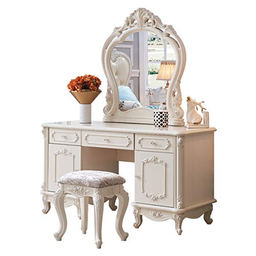 Schminktisch Hocker Set Schminktisch mit 3 Schubladen, 2 Aufbewahrungsschrank, Spiegel und Massivholzbeinen für Schlafzimmer, Retro-Relief, Schminktisch, Ankleidezimmer, Möbel für Mädchen und Frauen von sdhgsdgdhsavbxc