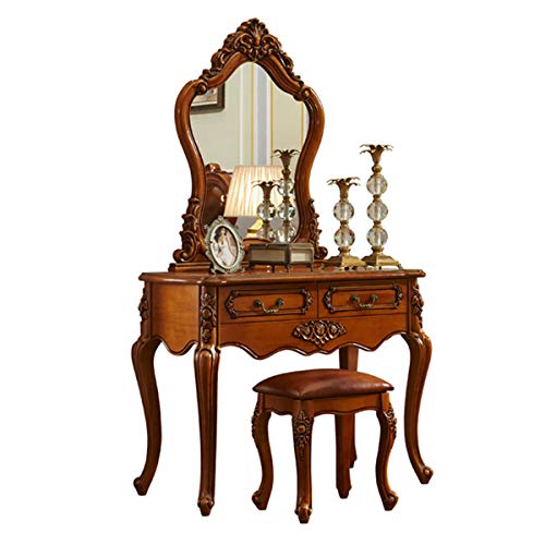 Schminktisch - Klassisches Retro Massivholz Schminktisch Set - Kosmetiktisch - Schminktisch Schlafzimmermöbel Schminktisch mit Hocker, Spiegel und 3 Schubladen 0,8 m von sdhgsdgdhsavbxc