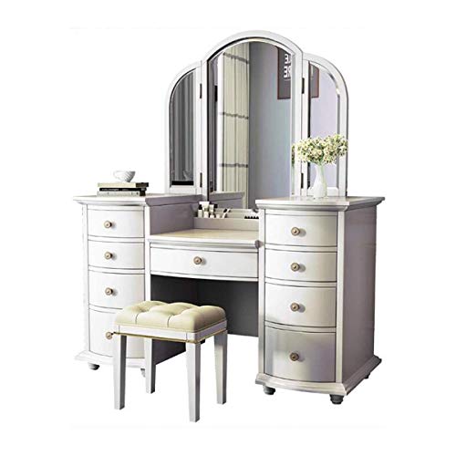 Schminktisch Schlafzimmer Multifunktional Schminktisch Set 3 Klappspiegel Massivholz Schminktisch mit Schminkhocker Mehrere Aufbewahrungsschubladen Weiß von sdhgsdgdhsavbxc