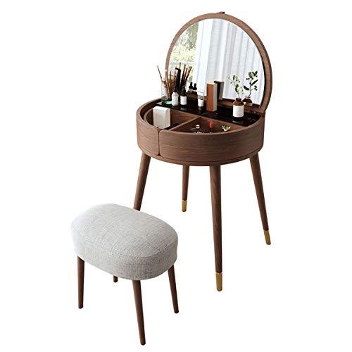 Schminktisch mit Klappspiegel, Schminktisch, Schreibtisch mit gepolstertem Hocker, Schminktisch mit 360° drehbarer Aufbewahrungsbox, Braun von sdhgsdgdhsavbxc