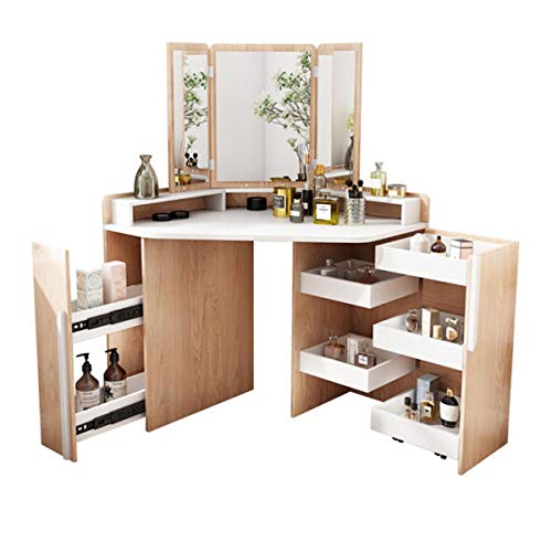 Schminktisch mit dreifach klappbarem Spiegel und Aufbewahrungsregal, modernes Schminktisch-Möbel-Set für Mädchen und Frauen, Holz von sdhgsdgdhsavbxc