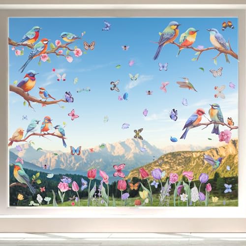 Fensterbilder Frühling Selbstklebend, Vogel Blumen Aufkleber Fenster Schmetterlinge Fensterbilder Deko, 9 Blätter Sommer Wiederverwendbar Fenstersticker Kinderzimmer Fensterdeko für Kinderzimmer von sdhiiolp