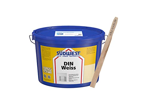 Südwest DIN Weiss 12,5 Liter mit sdw-tools Rührholz - Dispersionsfarbe, Matt, Weiß, Innen, 125 ml, 12.5 Liter, Wasserfest, Schadstoffgeprüft, Waschbar, Nassabriebbeständig, 87.5 m²/l von Südwest