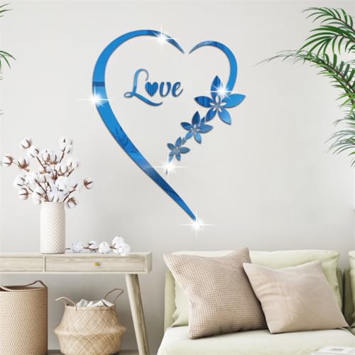 Herzförmige Spiegel-Wandaufkleber, 3D-Acryl-Spiegel-Wanddekoration, DIY, selbstklebende Wandkunst-Aufkleber, abnehmbare Herz-Wandaufkleber für Wohnzimmer, Schlafzimmer, Heimdekoration (blau) von seaNpem