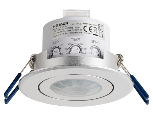 SEBSON® Bewegungsmelder Innen, Unterputz Decken Montage, programmierbar, Infrarot Sensor, Reichweite 3-8m / 360°, Einbau Bewegungssensor LED geeignet, schwenkbar, 3-Draht von SEBSON