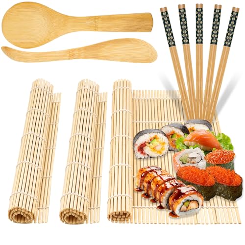sebudion 10 Stück Sushi Set, wiederverwendbares Sushi Maker Set，enthält 3 Bambusmatte Roller, 5 Paar Essstäbchen, Messer und Reislöffel, für Anfänger und Profis von sebudion