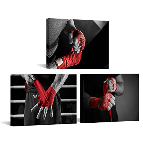 sechars 3 Stück Schwarz und Weiß Rot Leinwand Wandkunst Boxer mit roten Boxbandagen Bild Malerei Fitnessstudio Sport Bodybuilding Poster Drucke gerahmt für Mann Schlafzimmer Dekor fertig zum von sechars