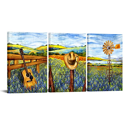 sechars 3 Stück Texas Leinwand-Wandkunst, Bluebonnets, Feld, Bauernhof, Windmühle, Landschaftsmalerei, Westerndekoration, Cowboyhut, Gitarrenbilder, Dekoration, fertig zum Aufhängen (mittel) von sechars