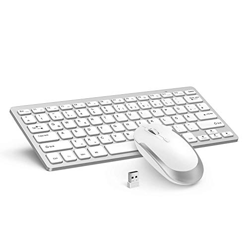 Kabellose Tastatur Maus Set, 2,4G Kleine Ultradünne Funktastatur und Maus mit USB Empfänger für PC, Laptop, Desktop, Kompakte Tastatur mit QWERTZ Layout, Weiß und Silber von seenda
