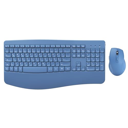 Tastatur Maus Set Ergonomisch, 2.4GHz Kabellose Tastatur und Maus, seenda Fullsize Funktastatur mit Handgelenkauflage und Nummernblock, DE QWERTZ Layout, Wireless Combo für Windows PC, Laptop, Blau von seenda