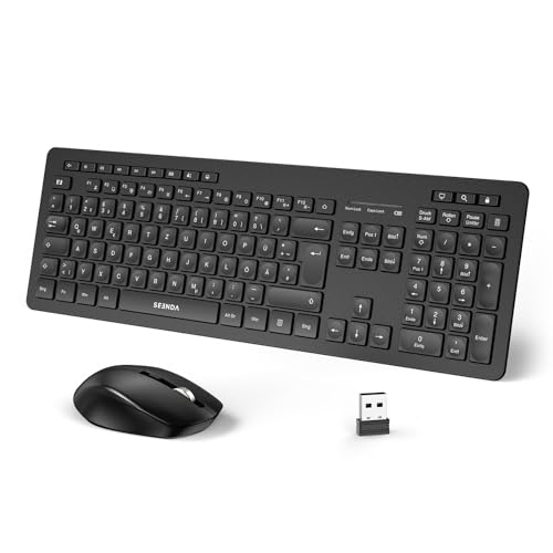 Tastatur Maus Set Kabellos, 2.4Ghz Funktastatur mit Maus und USB-Empfänger, QWERTZ-Layout, 14 Multimedia Shortcuts für Windows Laptop PC Desktop - Schwarz von seenda