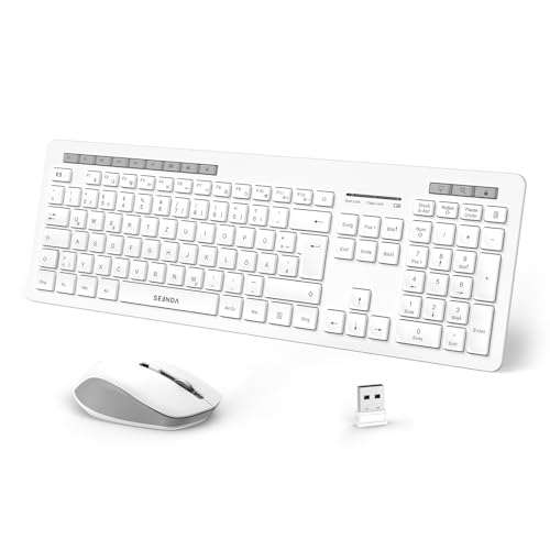 Tastatur Maus Set Kabellos, 2.4Ghz Funktastatur mit Maus und USB-Empfänger, QWERTZ-Layout, 14 Multimedia Shortcuts für Windows Laptop PC Desktop - Weiß von seenda